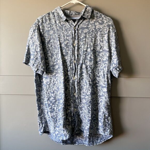Banana Republic Linen Button Up Shirt Men Sz L Blue Chambray Floral Short Sleeve - Picture 1 of 11